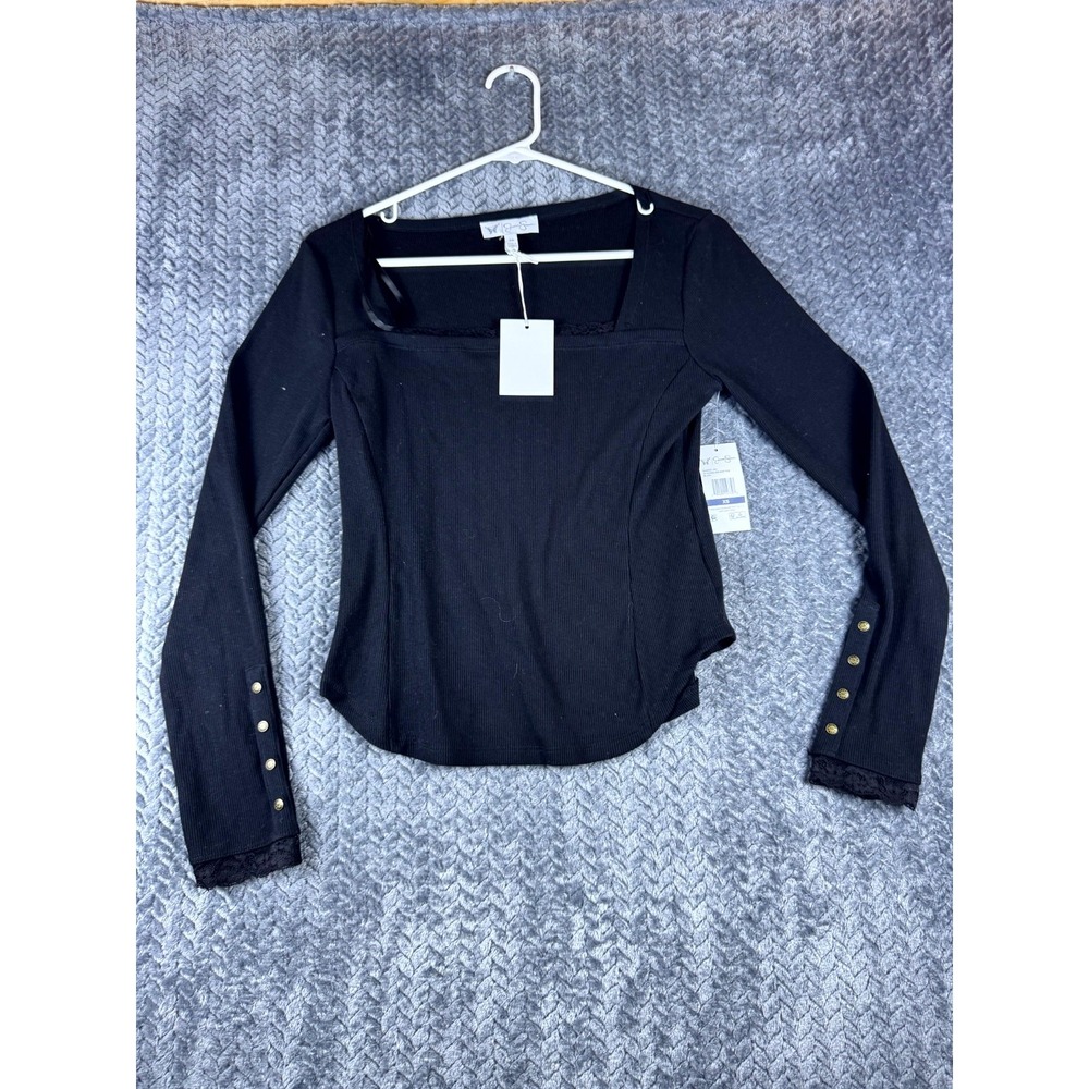 Jessica Simpson Aleera Ribbed Knit Top Womens XS Black Square Neck Lace Trim